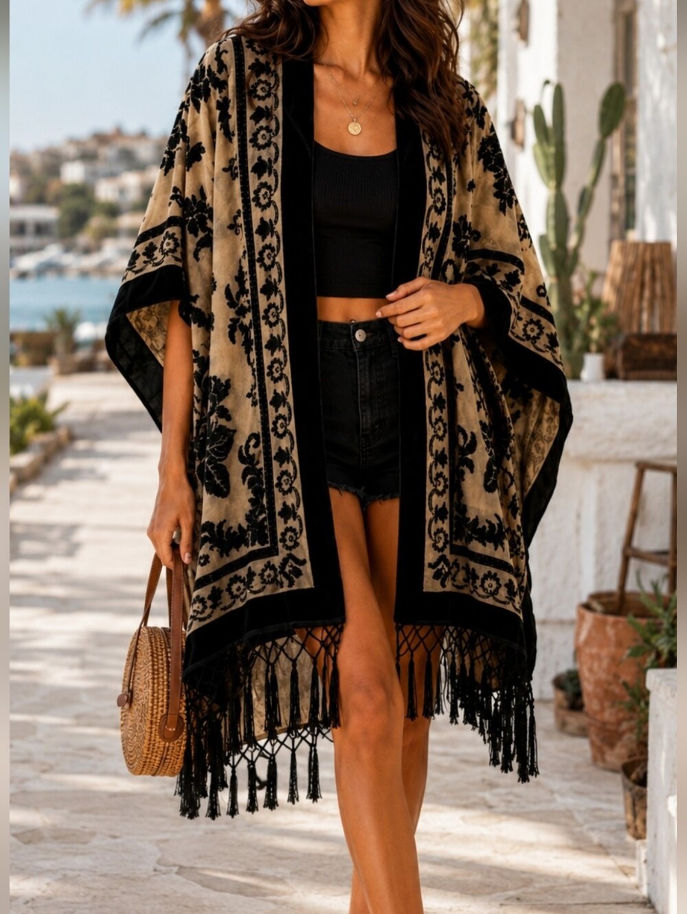 Boho Black & Tan Embroidered Fringe Kimono Jacket